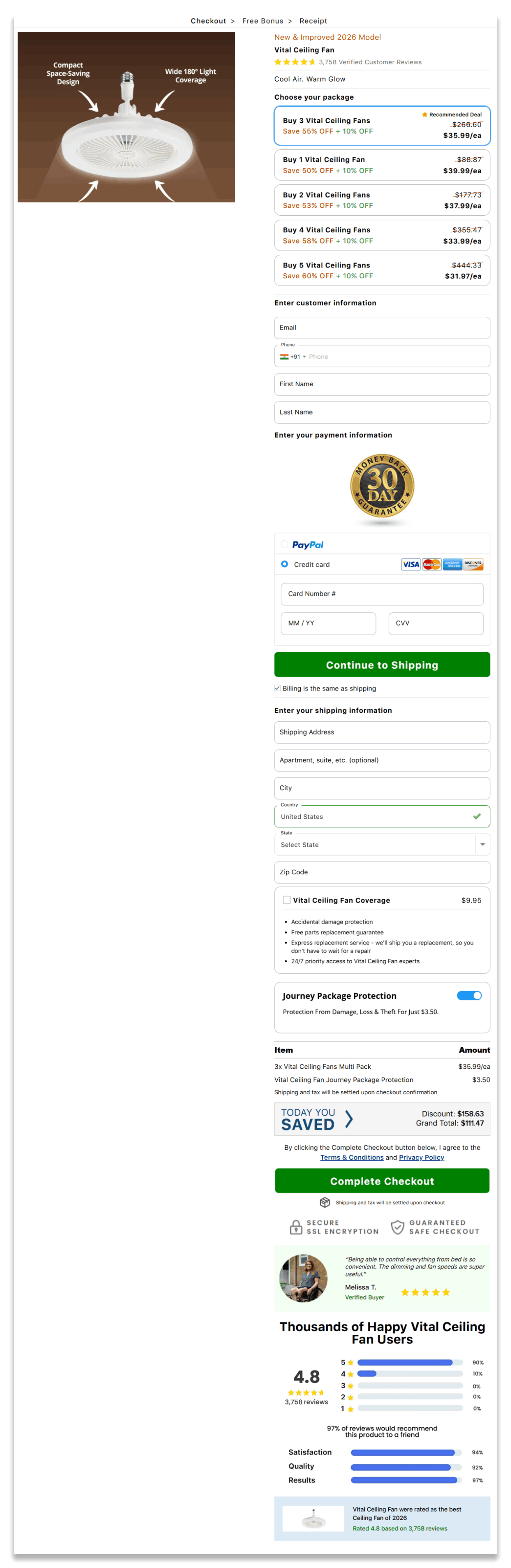 Vital Ceiling Fan checkout page